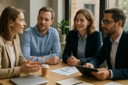 Négy felnőtt üzletember beszélgetés közben egy asztalnál ülve.