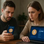 Két ember kriptotárcát használ, telefonon és laptopon bitcoint kezelve.