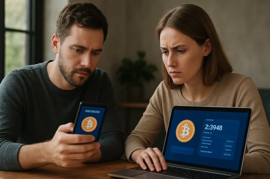 Két ember kriptotárcát használ, telefonon és laptopon bitcoint kezelve.