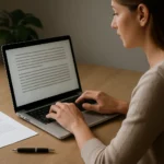 Nő gépelés közben egy laptopon, írásmódról és tipográfiáról gondolkodva.