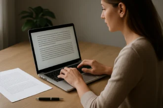 Nő gépelés közben egy laptopon, írásmódról és tipográfiáról gondolkodva.