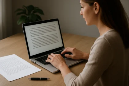 Nő gépelés közben egy laptopon, írásmódról és tipográfiáról gondolkodva.