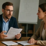 Két szakember beszerzési tervről beszélget egy tárgyalóteremben.