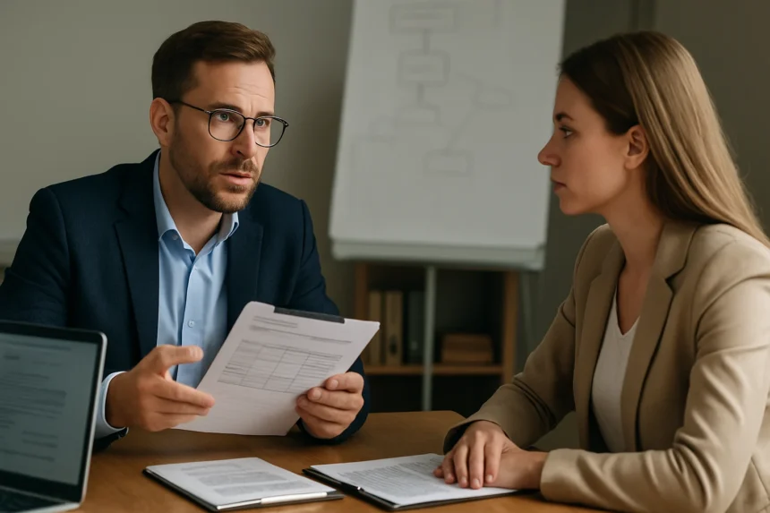 Két szakember beszerzési tervről beszélget egy tárgyalóteremben.