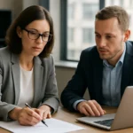 Két szakember IT stratégiai dokumentumot készít egy asztalnál.