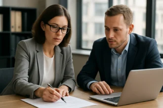 Két szakember IT stratégiai dokumentumot készít egy asztalnál.