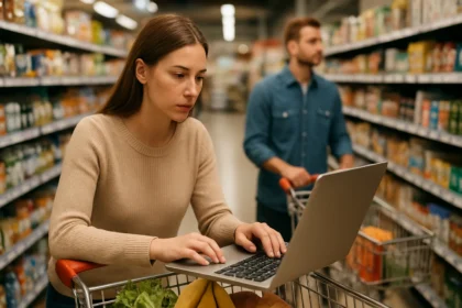 Nő vásárlás közben laptopot használ, miközben a kosara friss élelmiszereket tartalmaz.