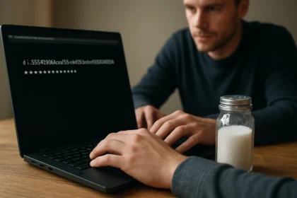 Jelszó sózás a kiberbiztonságban laptop előtt ülő férfival