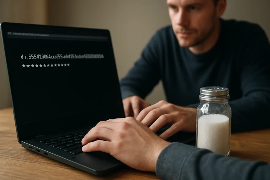 Jelszó sózás a kiberbiztonságban laptop előtt ülő férfival