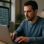 Férfi, aki laptopon dolgozik, háttérben bináris kód számokkal.