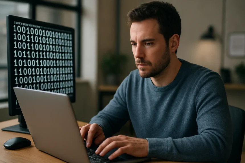 Férfi, aki laptopon dolgozik, háttérben bináris kód számokkal.