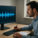 Férfi hanghullámokkal foglalkozik számítógépen, mikrofon előtt.