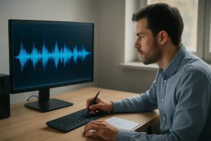 Férfi hanghullámokkal foglalkozik számítógépen, mikrofon előtt.