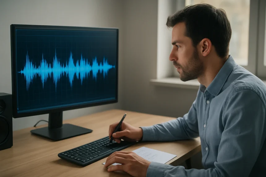 Férfi hanghullámokkal foglalkozik számítógépen, mikrofon előtt.