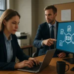 Két üzletember az EDI elektronikus adatcseréről beszél egy értekezleten.