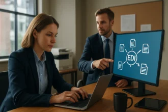 Két üzletember az EDI elektronikus adatcseréről beszél egy értekezleten.