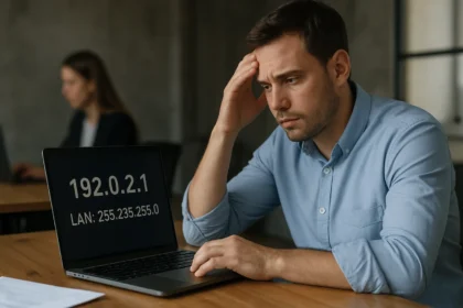 Férfi, aki aggódik egy IP-cím problémája miatt a laptopján.