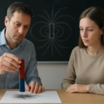 Két ember mágneses térerősséget demonstrál egy táblánál.