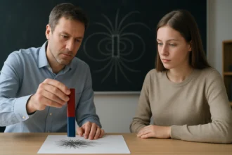 Két ember mágneses térerősséget demonstrál egy táblánál.