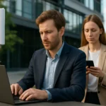 Férfi laptopon dolgozik, nő telefonál háttérben. CBRS technológia.