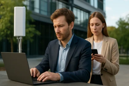 Férfi laptopon dolgozik, nő telefonál háttérben. CBRS technológia.