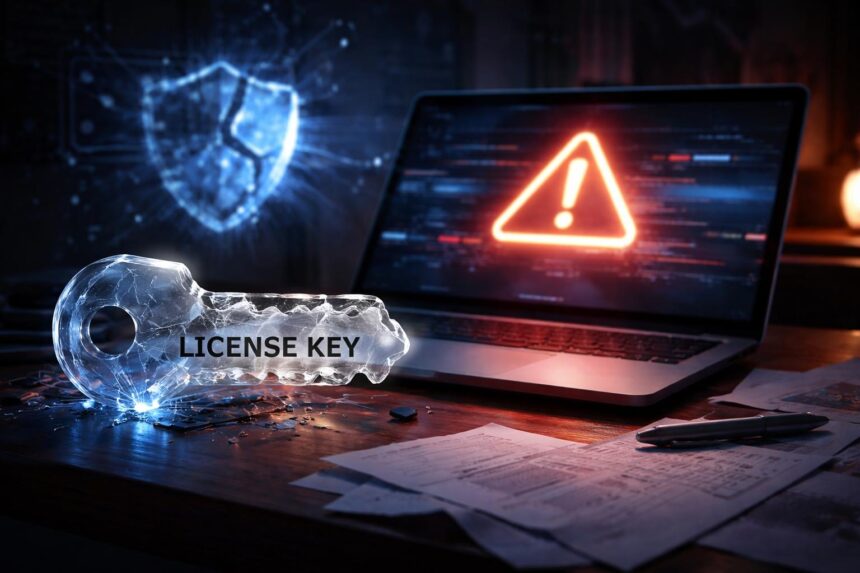 - Gépen látható figyelmeztetés a jogosulatlan Windows aktiválás kockázatairól és következményeiről