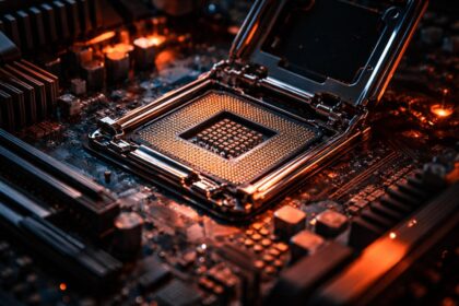 - AMD logó látható, mellette processzor, grafikus kártya és hűtőegység a háttérben, finom textúrák.