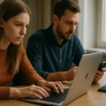 Két személy dolgozik számítógépen, digitális technológia és adatmérés területén.