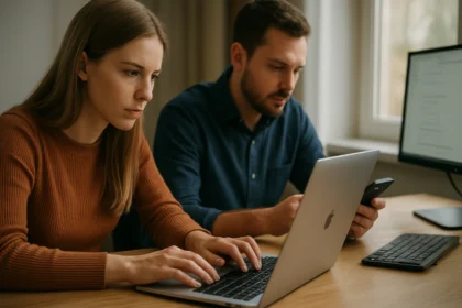 Két személy dolgozik számítógépen, digitális technológia és adatmérés területén.