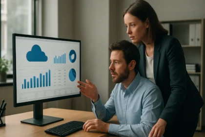 Férfi és nő a számítógép előtt felhőmenedzsment adatokkal