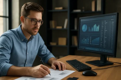 Data scientist working on data analysis with charts and graphs.