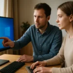 Két személy Windows 10 operációs rendszert használó számítógép előtt.