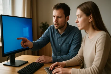 Két személy Windows 10 operációs rendszert használó számítógép előtt.