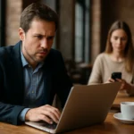 Férfi számítógépen dolgozik kávézóban, nő a háttérben telefonozik.