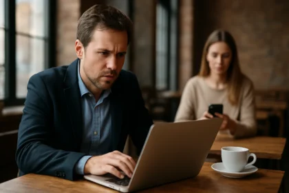 Férfi számítógépen dolgozik kávézóban, nő a háttérben telefonozik.