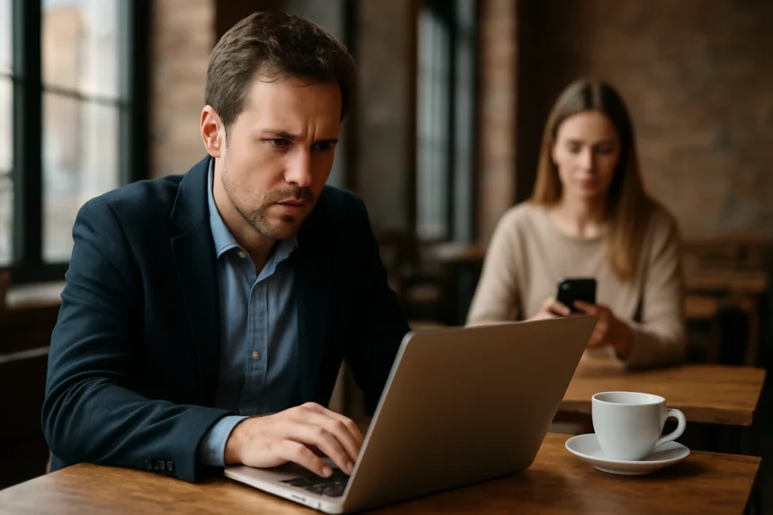 Férfi számítógépen dolgozik kávézóban, nő a háttérben telefonozik.