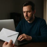 Férfi számítógép előtt, kéretlen levéllel a kezében.