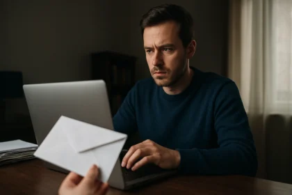 Férfi számítógép előtt, kéretlen levéllel a kezében.