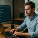 Férfi programozó dolgozik laptopon, Docker Engine fejlesztés közben.