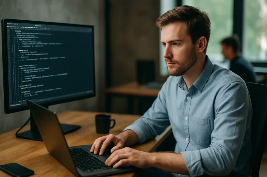 Férfi programozó dolgozik laptopon, Docker Engine fejlesztés közben.