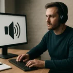 Férfi fejhallgatóval, OGG Vorbis audioformátum hangzását élvezi.