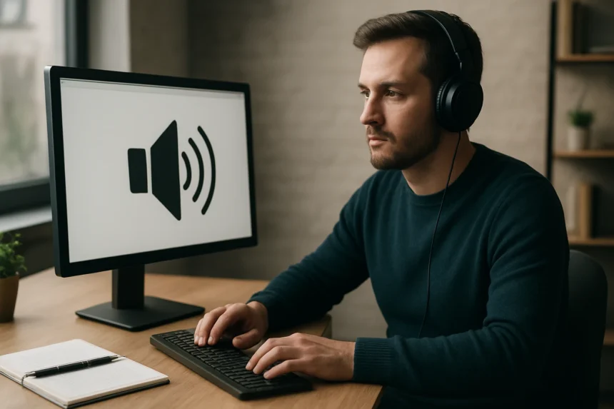 Férfi fejhallgatóval, OGG Vorbis audioformátum hangzását élvezi.