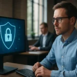 Férfi a számítógép előtt, hipervizor biztonsági grafikával