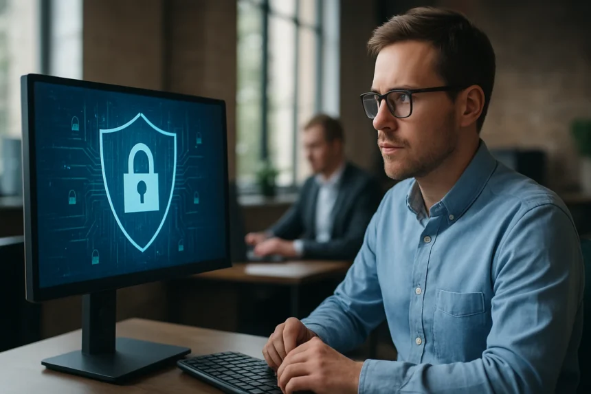 Férfi a számítógép előtt, hipervizor biztonsági grafikával