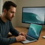 Férfi dolgozik osx mavericks rendszerű laptopon, háttérben monitor