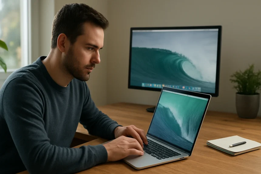 Férfi dolgozik osx mavericks rendszerű laptopon, háttérben monitor