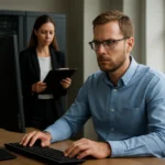 IT szakember dolgozik a számítógépen, fontos események észleléséről.