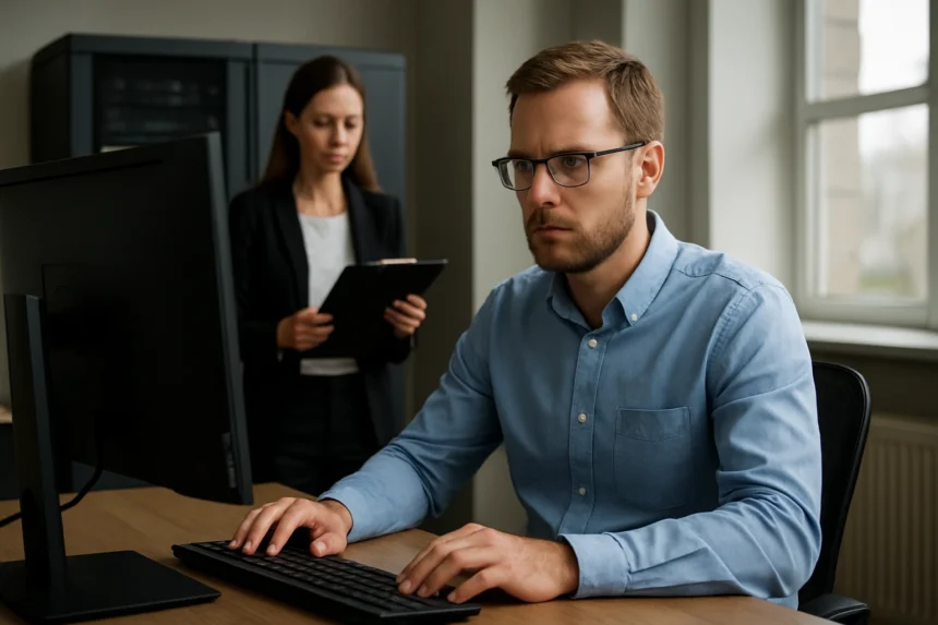 IT szakember dolgozik a számítógépen, fontos események észleléséről.