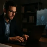 Férfi adatfeldolgozással foglalkozik sötét környezetben.