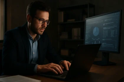 Férfi adatfeldolgozással foglalkozik sötét környezetben.